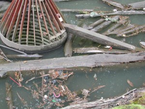 View of a storm sewer overflow pipe. This overflow, which feeds directly into    Burnt Bridge Creek, is fed by pipes that rest under 'S' Street in the Rosemere Neighborhood.