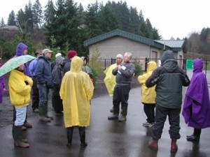RNA Board Members, Rosemere residents, and concerned environmental activists gather in the rain to hear Thom McConathy explain the terrain and our community's failing stormwater and groundwater facilities.