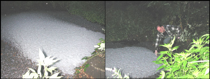 Photos taken of stormwater activity from the outfall pipe pictured top left. This photo was taken during an early morning rainstorm. A large and deep spray of white foam flowed swiftly from the pipe. The presence of heavy foam is an indicator of pollutants. Stormwater samples taken from this outfall pipe indicate extremely high levels of E.coli bacteria