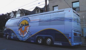 Biodiesel bus used by the tour, parked outside the Bagdad theatre. The bus was formerly owned by Sir Paul McCartney